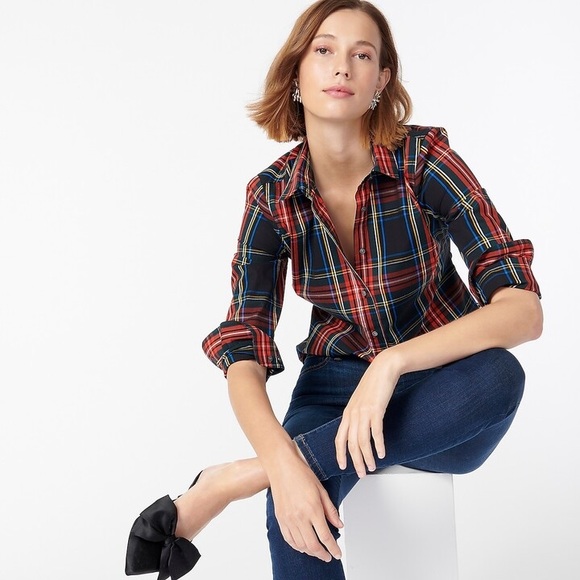 J. Crew Tops - SOLD J Crew • Slim Stretch Perfect Shirt button down black Stewart Tartan plaid